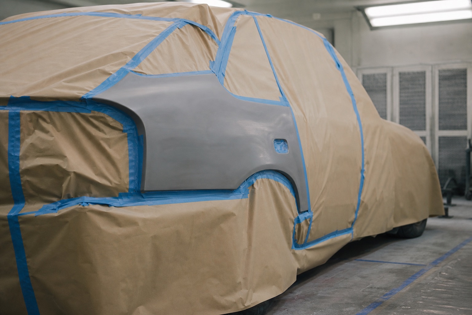 A car fully masked in tan paper and blue tape, one bare primer-grey quarter panel exposed under shop light.